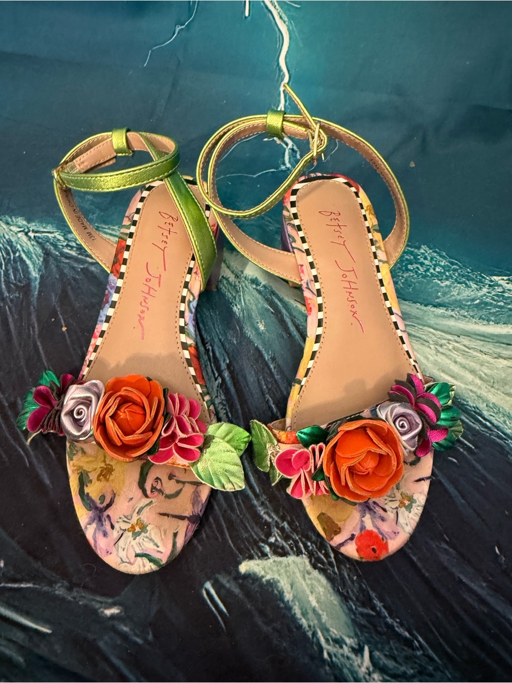 Betsey Johnson Green Ankle-Strap Sandals with Multicolor Floral Accents